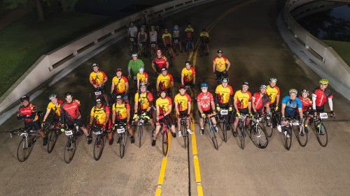 Members of ConocoPhillips’ BP MS 150 team prepare to join about 8,000 riders on their journey from Houston to Austin, Texas, in 2018. 
