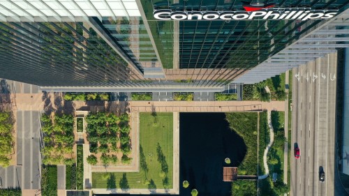A drone shot of ConocoPhillips’ new main campus, SPIRIT ONE.